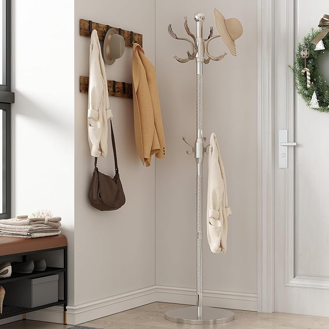 Metal Coat Rack Stand Coat Rack Freestanding with 12 Hooks Sturdy Heavy Duty Modern Coats Tree for Bag Clothes Hall Tree Hats Hanger Holder Stand for Entryway Bedroom Hallway Office,Silver Cyan