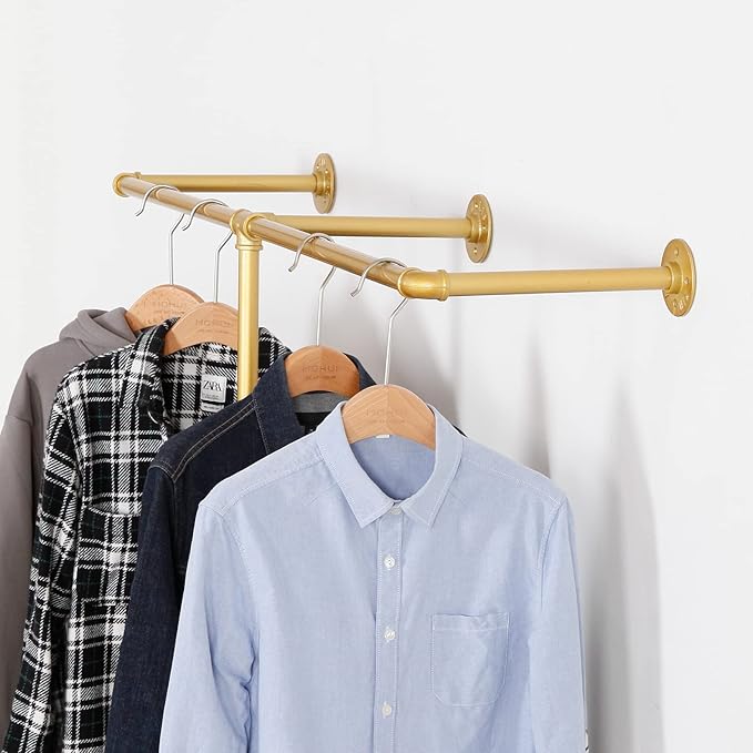Industrial Pipe Clothes Rack, Heavy Duty Wall Mounted Black Iron Garment Bar,Retail Display Rack Closet Storage Clothes Organizer (47.2, Gold)