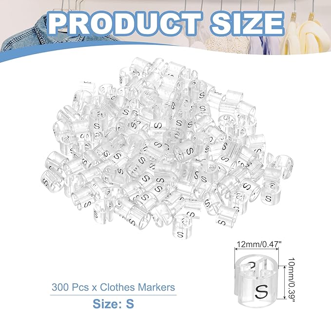 PATIKIL 300 Pcs Clothes Hanger Markers S Fit Rod Garment Size Tag Hanger Clips Round Color Coding Label for Clothing, Clear
