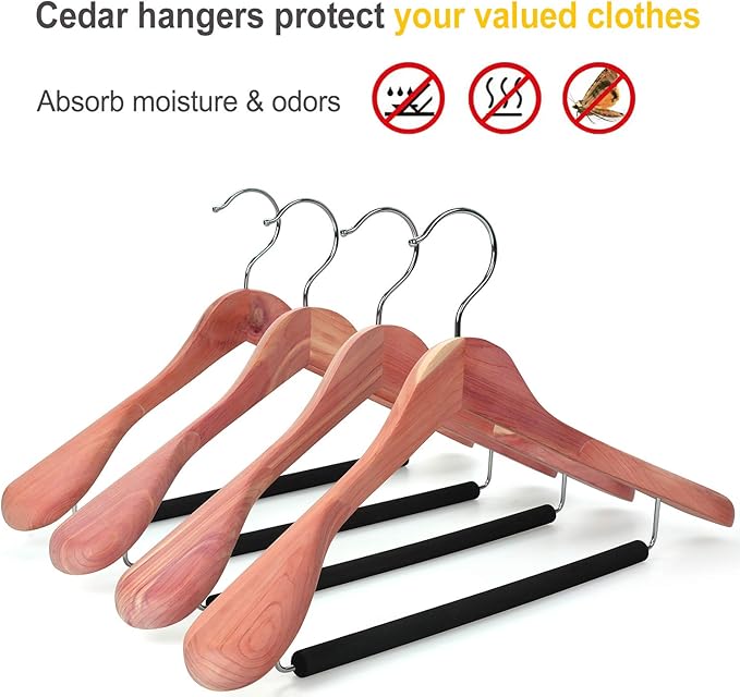 TOPIA HANGER Unfinished American Red Cedar Wood Coat Suit Hangers, Luxury Wooden Jacket Clothes Hangers, Wide Shoulder with Black Padded Pant Bar- 360°Flexible Hook, 4 Pack- Natural- CT07W