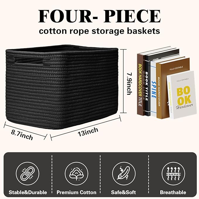 Storage Baskets for Organizing, 4 Pack Baskets for Shelves, Decorative Storage Bins for Shelves, Cotton Rope Storage Basket with Handles, Woven Basket for Storage, 13''Lx8.7''Wx7.9''H, Black