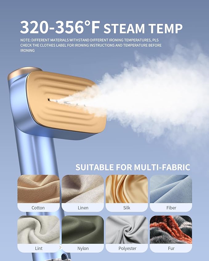 MIYOKO 2-in-1 Portable Steamer for Clothes, 1200W, 15s Fast Heat-Up, 280ml Two Water Tanks Travel Handheld Garment Steamer, Upgraded 4 Steam Iron Modes for All Fabrics, Only for 110-120V, Blue Gold