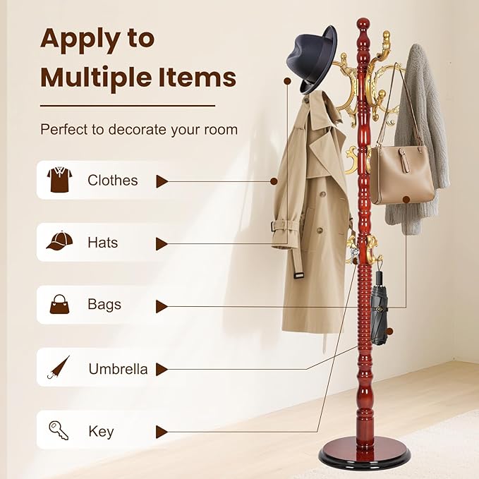 Freestanding Coat Rack with 12 Hooks, Sturdy Wooden Hall Tree for Entryway, Heavy-Duty Disc Base,for Hanging Hats, Jackets, Bags, Easy Assembly for Bedroom, Hallway, Office