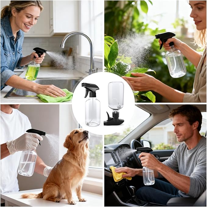10oz/300ml 360° Spray Bottles (2-Pack) Clear Plastic Small Spray Bottles, Spray at Any Angle to Reach Hard-to-Reach Corners. Ideal for Cleaning, Plants, Gardening, Pets, and Hair