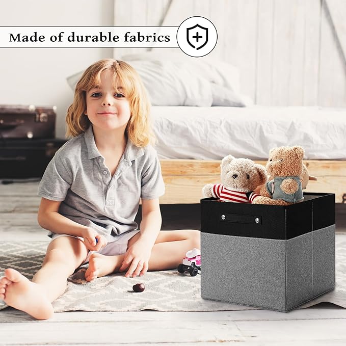 13 x 13 Inch Fine Linen Storage Bins with Handles，Fabric Cube Boxs，Basket Organizers for Shelves for Home, Closet Drawers (Black/Gray-6 Pack)