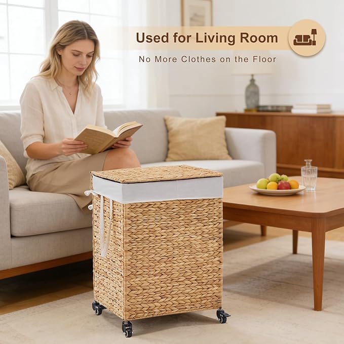 2-Section Laundry Hamper with Lid, Large Capacity Woven Natural Water Hyacinth Laundry Sorter with Removable Liners, Rolling or Non-Slip Design for Bedroom(Natural, 100L)