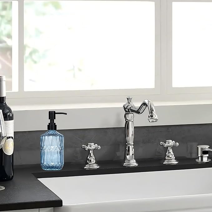 18 oz Dark Green Thick Glass Soap Dispenser with Black Rustproof Pump Refillable Bathroom, Kitchen Soap Dispenser for Hand Soap, Detergent, Lotion (Blue)
