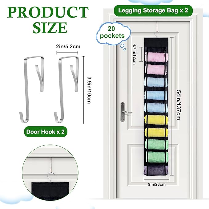 2 Pack Legging Storage Organizer, Hanging Legging Storage Hanger with 20 Roll Compartments, Foldable Clothes Roll Holder for Yoga T-Shirts Pants Jeans Towels