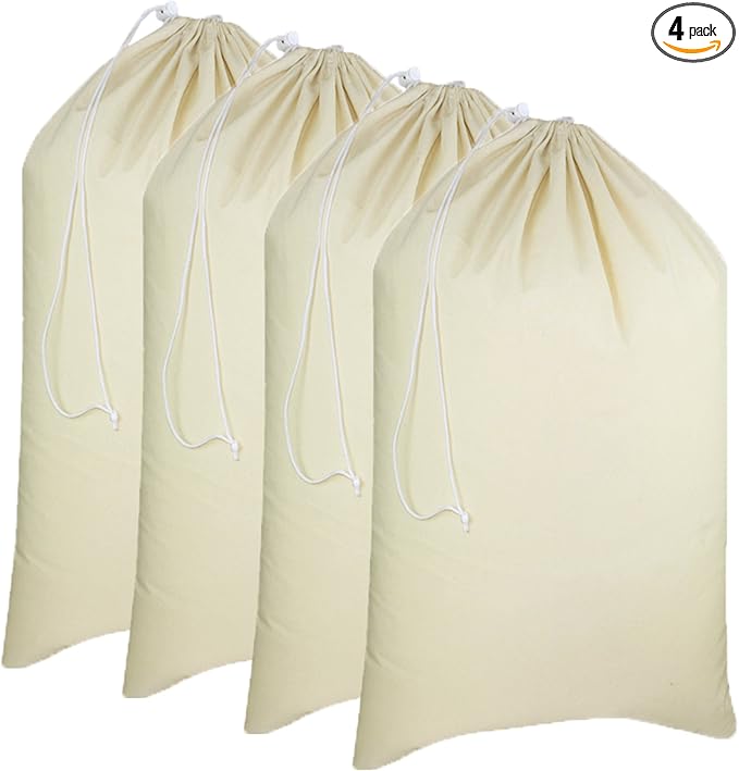 COTTON CRAFT Extra Large Laundry Bags -4 Pack Heavy Duty Durable Cotton Canvas Drawstring Closure Washable Laundry Bag - Back to School Travel College Dorm Basket Liner Clothes Organizer - XL 28 x 36
