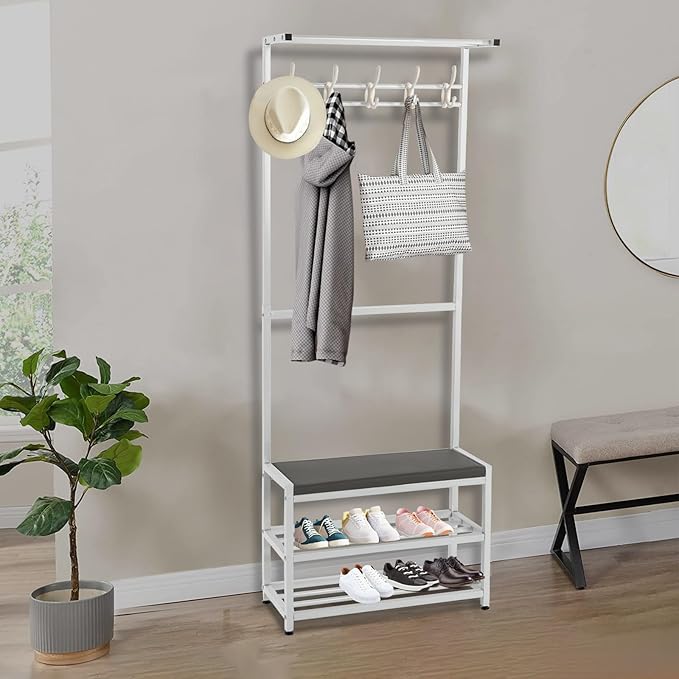 Coat Rack Shoe Bench, 23.62"x62.99" Entryway Stool with Coat Rack, Coat Rack Shoe Stool 3-in-1 with Stool and Shoe Storage, 5 Flexible Hooks, PU Cushion (White)