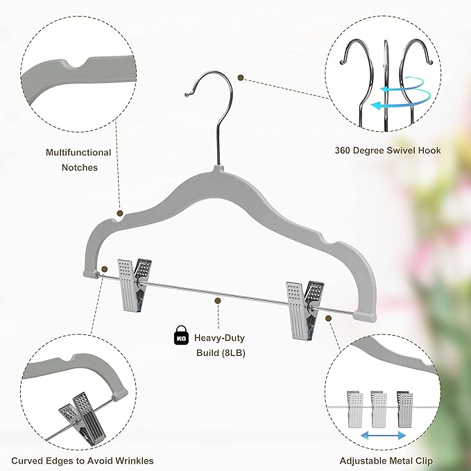 100 Quality Kids Plastic Non Velvet Non-Flocked Thin Compact Skirt Pant Coat Hangers with Metal Clips for Skirts Pants Blouses 360° Swivel Hook, Jacket, Shirt, Pants, Suit Hangers (Gray, 100)
