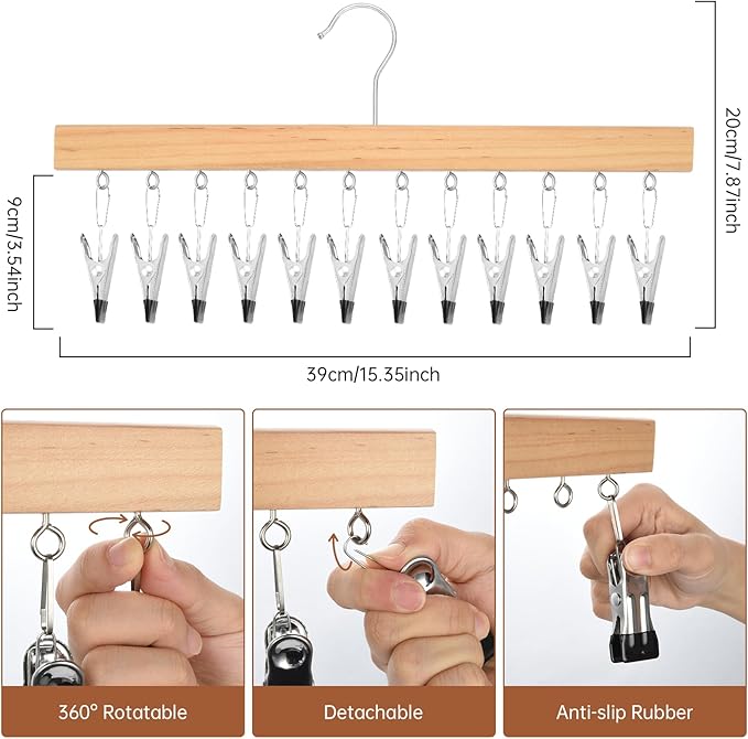 OTraki Hat Hangers for Closet, 2 Pack Wooden Hat Organizer Hanger Rack for Baseball Caps with 10 Clips and 16 Hooks, Baseball Hat Holder for Closet Storage Fits All Caps
