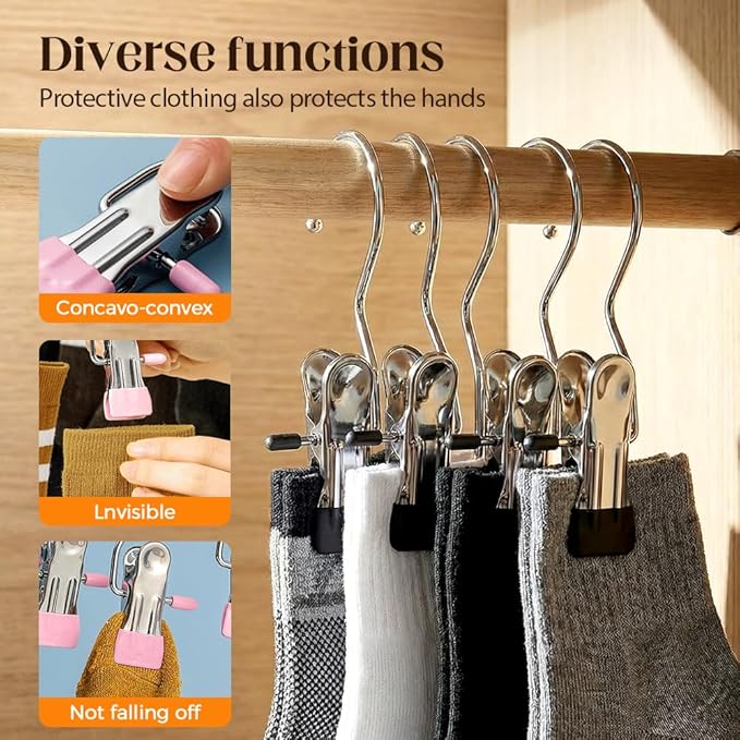 50 Pcs Heavy Hanger Clips for Closet, Multi Functional Clips with Hook for Hanging Clothespin, Hook Hangers with Clips for Clothes Pants Hats Socks and Boots (Black)