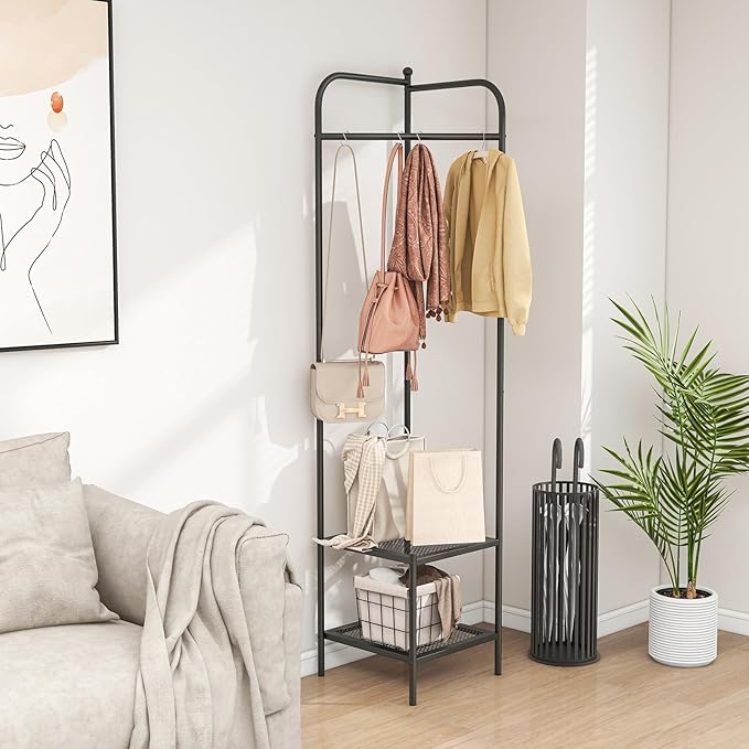 Tangkula Corner Coat Rack with Storage, Simple Hall Tree with Hanging Rod & 2 Mesh Shelves, Anti-toppling Devices, Freestanding Metal Clothes Rack Shoes Shelf Organizer for Entryway Bedroom (Black)
