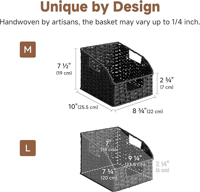 StorageWorks Pantry Organizers and Storage, Wicker Baskets with Handles, Pantry Baskets for Shelves, Paper Rope, Black，2 Pack