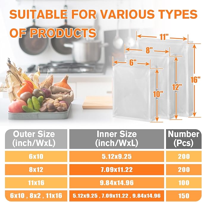 FUNFERY Precut Vacuum Sealer Bags for Food, 200 Quart 8" x 12", Food Long-Term Storage and Sous Vide Commercial-Grade Bag, BPA Free for Microwave, Boiling,Sous Vide, Refrigerator