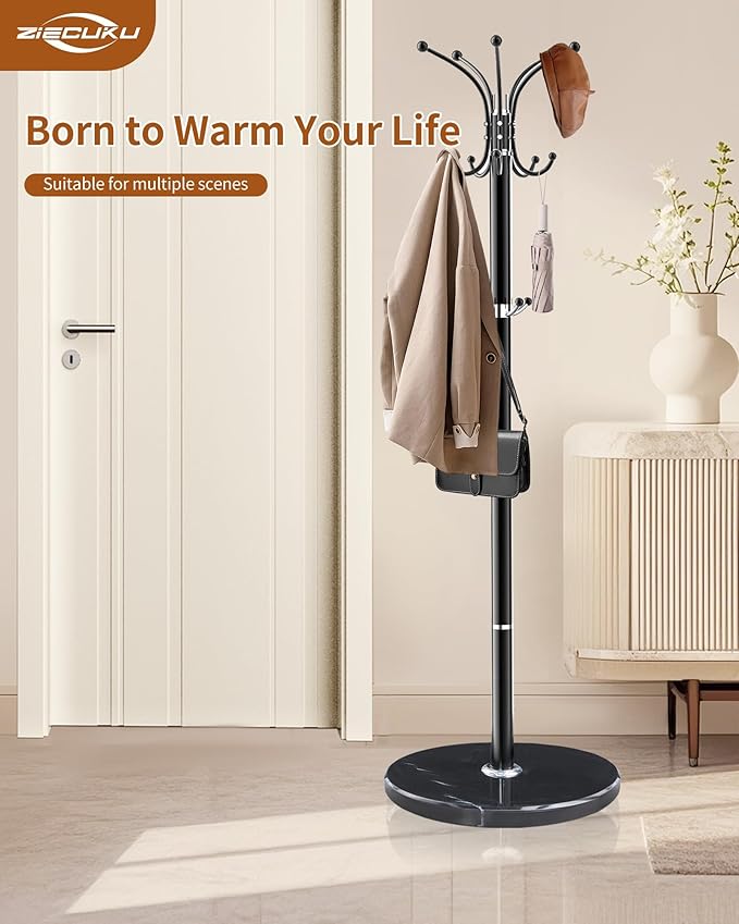 Metal Coat Rack with Natural Marble Base,360°Rotary Coat Rack Stand with 14 Hooks,Modern Freestanging Coat Racks, Black Coat Jacket Hanger Clothes Tree Stand for Entryway,Corner