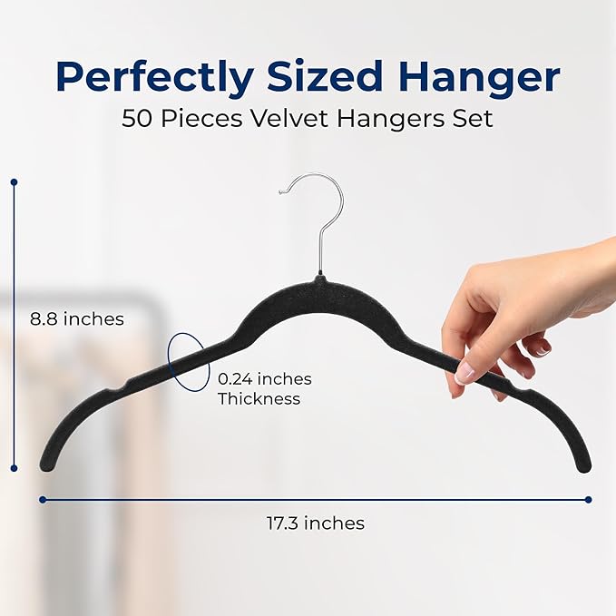 SereneLife 50-Piece Velvet Shirt Hangers – Black Non-Slip, Heavy Duty Clothes Hangers with 360° Swivel Hooks, 0.2" Slim Design, Sturdy & Lightweight Closet Organizers for Shirts, Coats & Pants