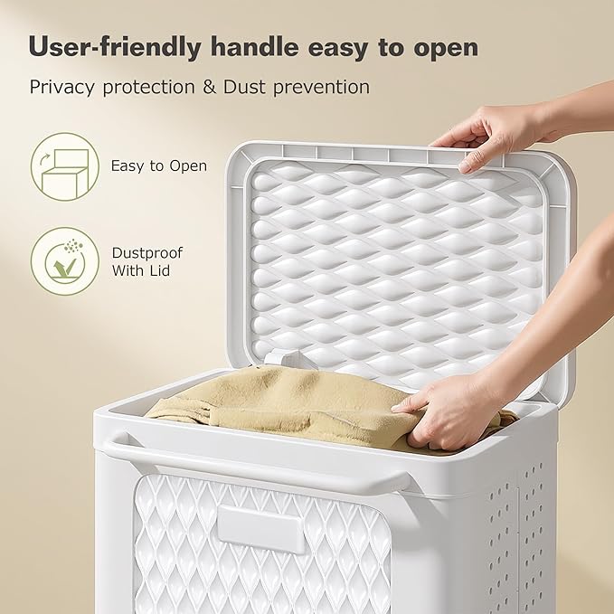 VECELO Rolling Storage Bins with Lid, Plastic Organizers Cart with Wheels & Handle, Foldable Storage Containers for Laundry, Bathroom, Bedroom, 19.3" x 13.8" x 25.0", White