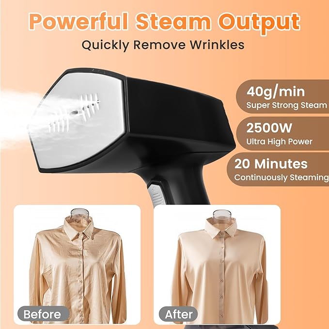 Travel Steamer for Clothes, 2500W Powerful Portable Handheld Clothing Steamer, 10-Second Fast Heating Hand Held Garment Steam Iron, 3 Steam Modes, with 350ml Large Water Tank, for Home Travel Office