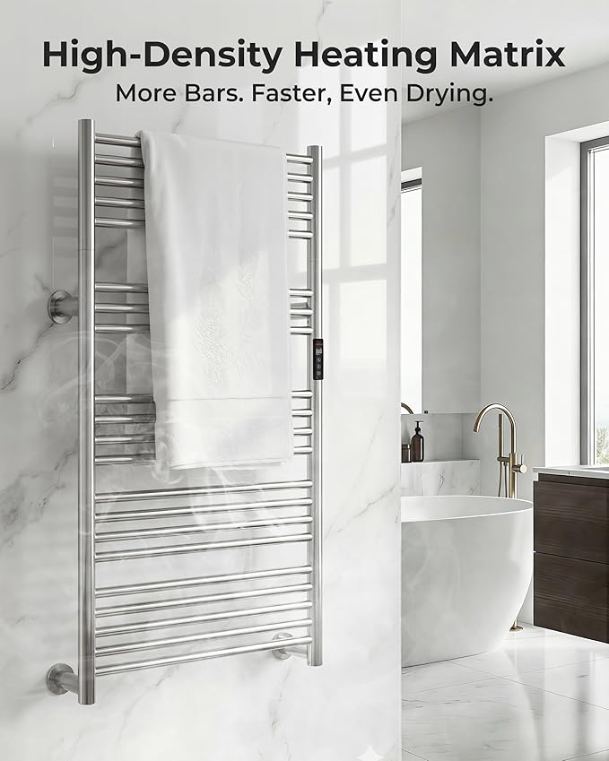 High-Density Foldable Heated Towel Rack, Smart Dual-Zone App/Voice Control Towel Warmer Rack, GFCI Plug-in/Hardwired, Wall-Mount, Drill-Free Install,Brushed, CA3-1100X550-Ultra-S
