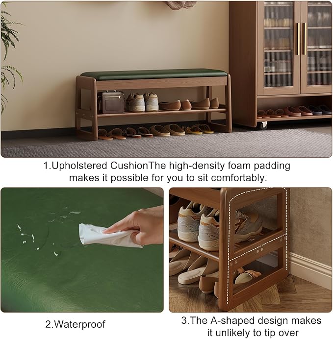AQIMUELE Shoe Rack Bench,2 Tiers Shoe Bench with Storage with Flip-Top,Wood Shoe Rack for Entryway,Hallway（Green Upholstered Seat）