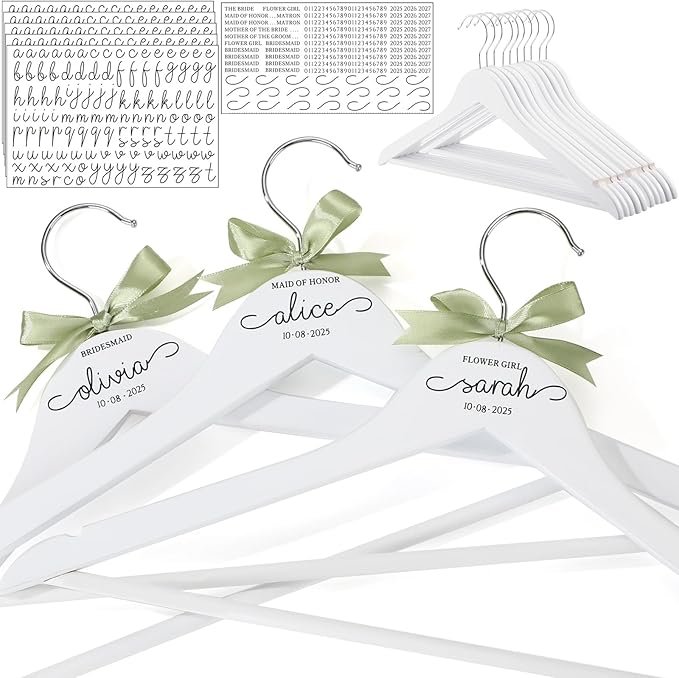 Chunful 10 Pack Personalized Bride Hanger for Wedding Dress Custom Name White Wooden Bridal Hangers with UV Dtf Transfers Natural Wood Dress Hanger with Ribbon Bow Bride Wedding Gift