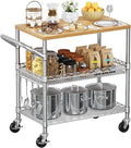 NTE Rolling Kitchen Carts on Wheels, 650Lbs Capacity 3 Tier Utility Cart with Wood Tabletop, Kitchen Storage Cart with 8 Hooks, Metal Serving Cart with Handle and Shelf Liners for Kitchen, Restaurant