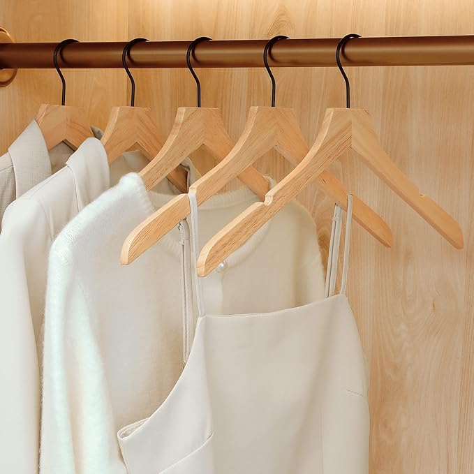 TOPIA HANGER Wooden Hangers 20 Pack, Rubber Wood Clothes Hangers with Rotatable Black Hook and Smooth Cut Nothces, Space Saving Hangers for Coats, Suits, Jackets, Sweaters, Dresses - CTS07N