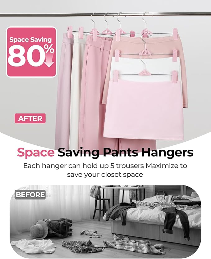 Skirt & Pant Hangers with Clips for Women - 50 Pack Space Saving Stackable Skirt Hangers with Clips - Non-Slip, Adjustable for Kid, Adult, Men, Children, Baby, Pink