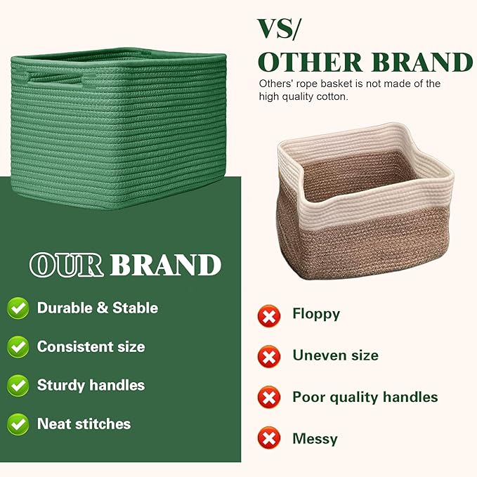 Storage Baskets for Organizing, 4 Pack Baskets for Shelves, Decorative Storage Bins for Shelves, Cotton Rope Storage Basket with Handles, Woven Basket for Storage, 13''Lx8.7''Wx7.9''H, Green