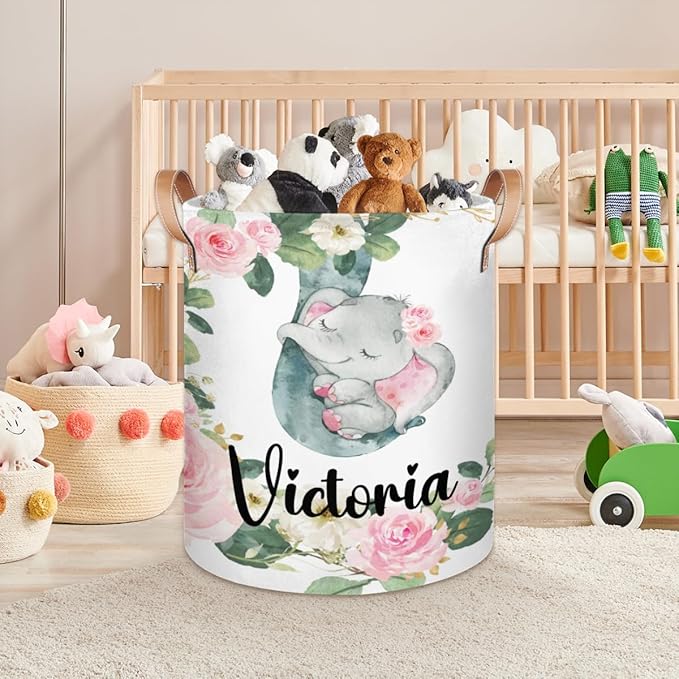 Personalized Laundry Basket, Custom Gift Laundry Hamper, Collapsible Nursery Waterproof Laundry Baskets, Dirty Clothes Toy Hamper with Handles Floral Sleeping Elephant