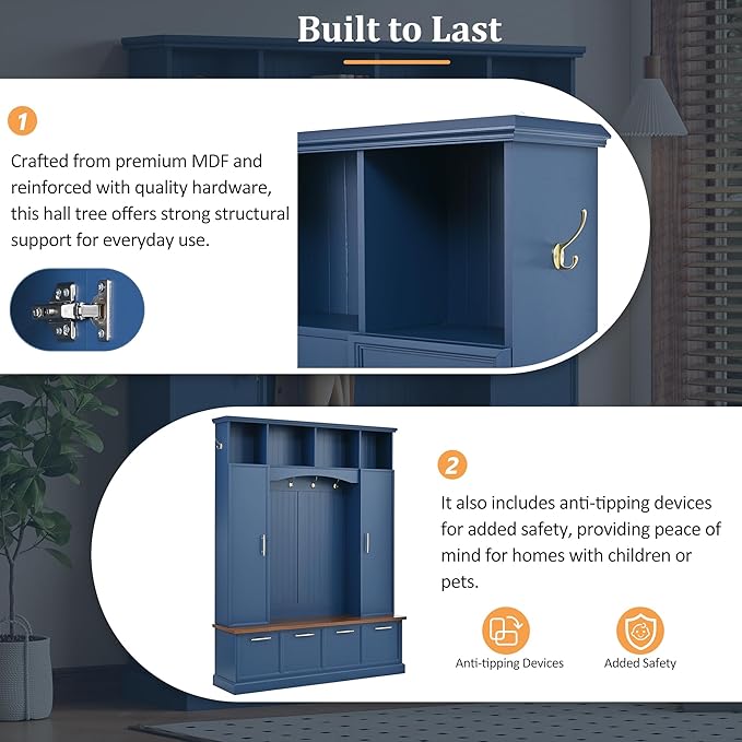Versatile Hall Tree with Golden Hooks and 2 Doors, 5-in-1 Wood Coat Rack Entryway Shoe Cabinet with Bench& Adjustable Shelves, Functional 59'' Wide Hall Tree for Entrance Hallway