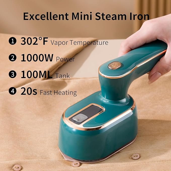Mini Steam Iron for Clothes, Travel Steamer for Clothes Portable, Micro Steam Iron Mini Handheld Steamer Support Dry And Wet Ironing for Home Travel (White) (Emerald Green)