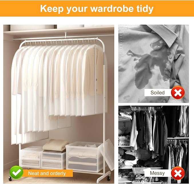 15 Pack Garment Bag with Zipper, Plastic Garment Bags for Hanging Clothes Dresses Clear Suit Cover Bags for Closet Storage Short Coats, Jackets, Shirts 24" x 40"/47"/55"