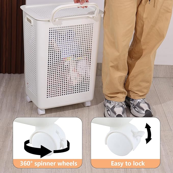4 Packs 65 L Laundry Hamper with Lockable Wheels, 1.8 Bushels Large Plastic Laundry Basket with Lid, White