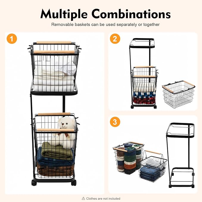 Laundry Basket, 2 Tiers Removable Laundry Baskets Cart Load Bearing Capacity of 88.18 lbs Metal Laundry Basket With 2 Removable Baskets and 4 Universal Wheels for Kitchens Bathrooms Bedrooms (Black)
