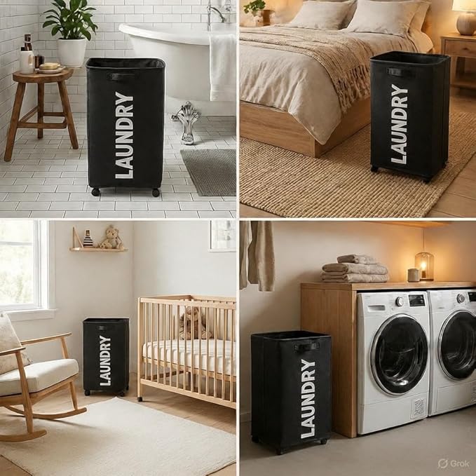 75L – Lockable Wheels Laundry Basket – Support Rods & Box Base – Tall Slim Laundry Hamper – Clothes Hamper – Rolling Cart on Wheels – Heavy Duty Black Laundry Basket – Bathroom, Bedroom & Dorm