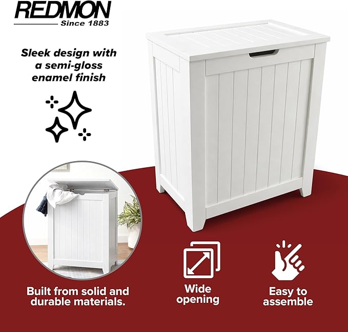 Redmon 18'' x 11.25'' x 23.25'' Contemporary Country Wainscot Style Wooden Clothes Hamper for Bedroom, Bathroom, and Laundry Room, White