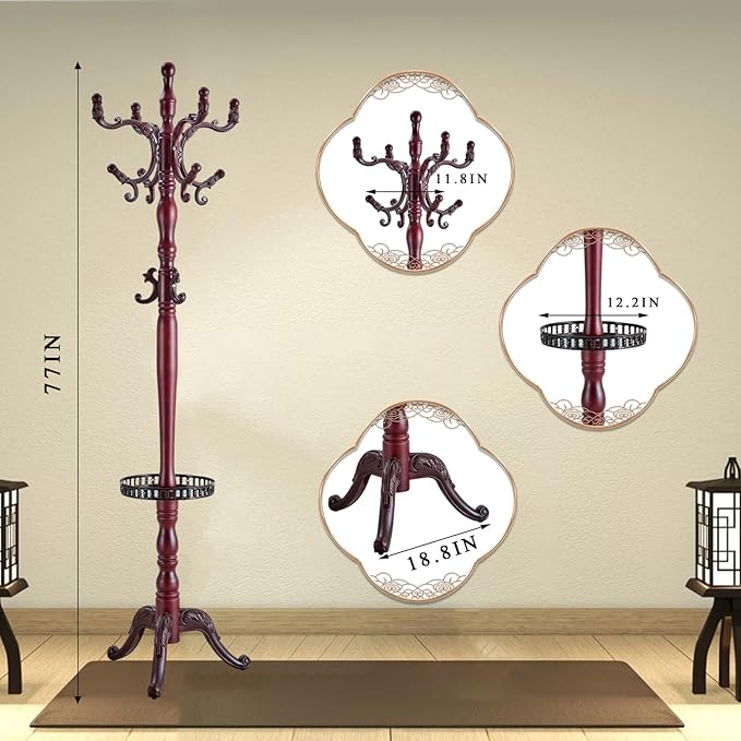 Coat Rack Freestanding, Wooden Tree Coat Rack Stand with 3 Adjustable Sizes Coat Tree and 14 Hooks, Sturdy Hall Tree with Solid Round Base for Entryway, Hallway,Bedroom (Reddish Tray)