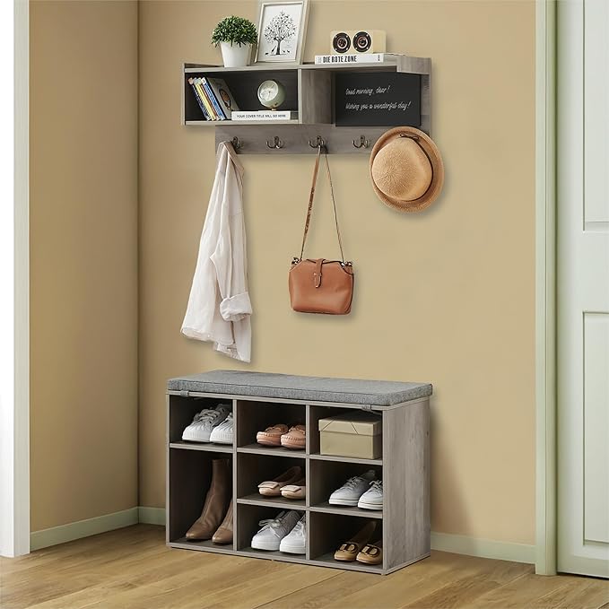 Entryway Shoe Bench with Coat Rack, Cushioned Storage Seat with Cubbies, Shoe Rack Bench for Front Door Entrance, Hall Tree with Hooks, Blackboard & Extra Storage for Entryway, Hallway & Living Room