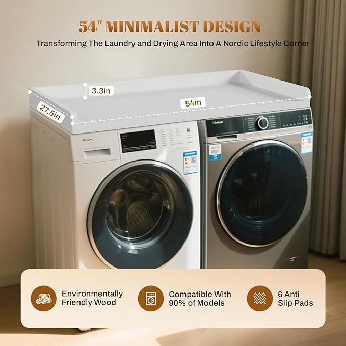 GCCSJ Washer Dryer Countertop, 54" Width x 27.5" Depth Wood Laundry Topper with Edge & Non-Slip Pads for Laundry Room Organization Storage & Clothes Folding, White