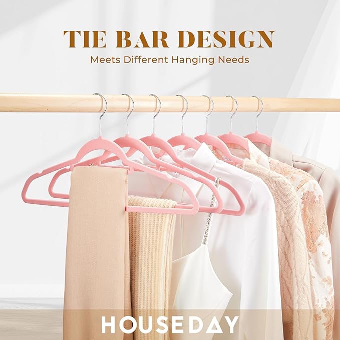 HOUSE DAY Velvet Hangers 20 Pack, Non-Slip Hangers with Tie Bar, Premium Standard Clothes Hangers Slim Felt Hanger 360° Swivel Hook for Closet Organized Storage Elegance Pink 72g/Pc