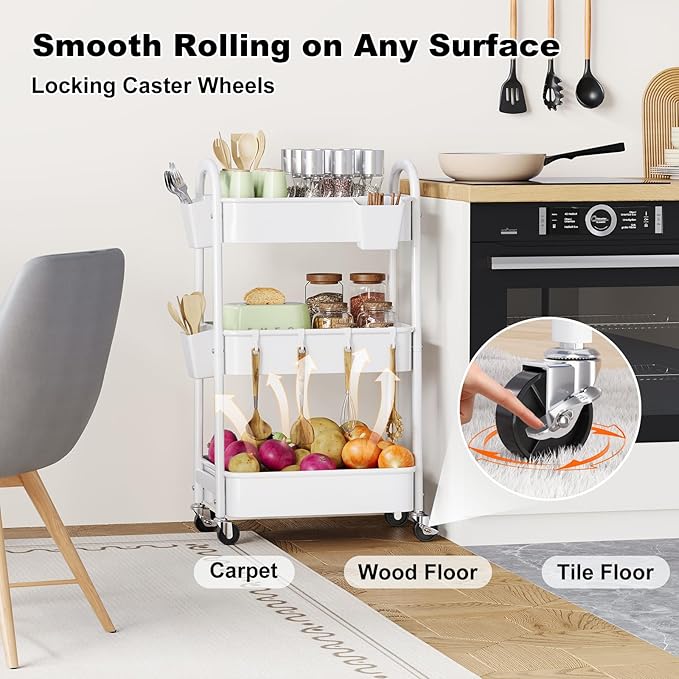 3 Tier Rolling Cart with Wheels for Pantry Organizers and Storage, Metal Utility Kitchen Cart for Fruit and Vegetable Storage, Snack Carts for Kitchen Organization, Art, Craft, Bathroom, Lash, White