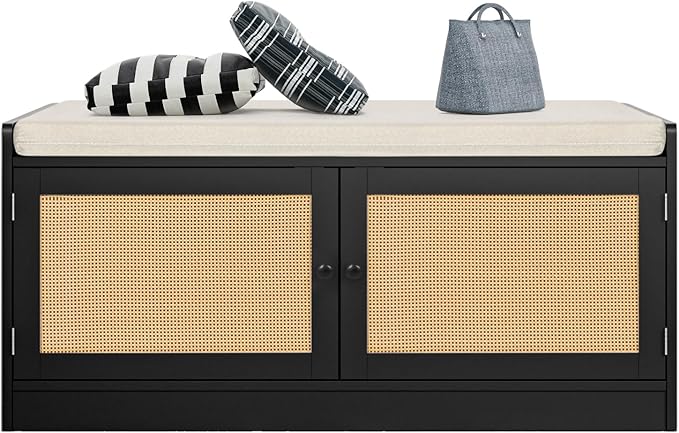 Anmytek Rattan Shoe Bench, Entryway Bench with Shoe Storage Wooden Shoe Rack Bench with Cushion Seat & Adjustable Shelves, Storage Bench for Entryway Black (39.8" W X 15.7" D X 18" H)
