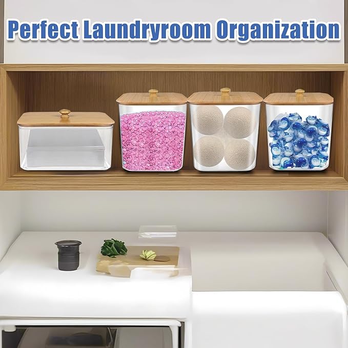 4 Pack Laundry Pods Container, Clear Laundry Room Organization Storage Containers with Wooden Lids & Scoops, Large Laundry Detergent Powder Containers for Powder Dryer Balls