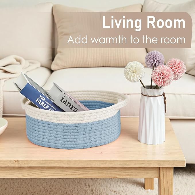 Woven Basket,Small Rope Storage Bin with Handles & Ribbon Bag, Organizer for Shelves Closets,Gift Basket Empty for Birthday,Books,Dog Toys, White&Blue/3 Pack