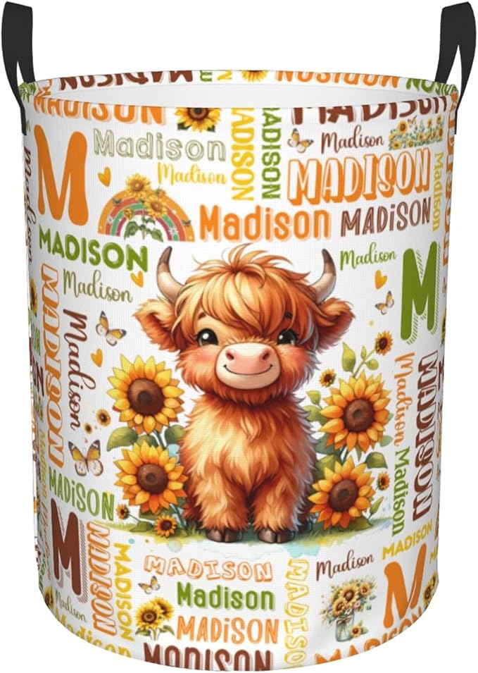 Personalized Highland Cattle Laundry Basket For Baby Kids Girls Adult Custom Hamper Basket With Name For Bathroom Bedrooms Collapsible Baby Laundry Basket, Dirty Clothes Hamper With Handles