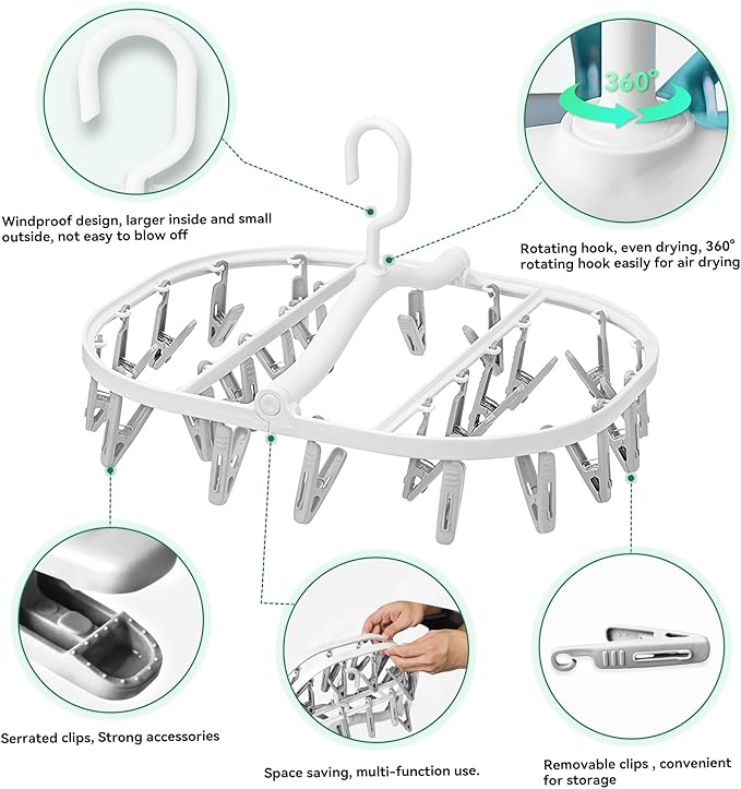 Premium Foldable Clothes Drying Hanger with 24 Clips, Anti-Rusty Plastic Drying Rack for Socks, Lingeries, Delicates and Baby Clothes (Grey)