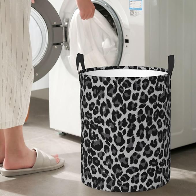 Grey Leopard Round Laundry Hamper Cheetah Gray Storage Basket Toys Clothes Organizer Bin For Home Bathroom Bedroom Dorm Nursery, 62l